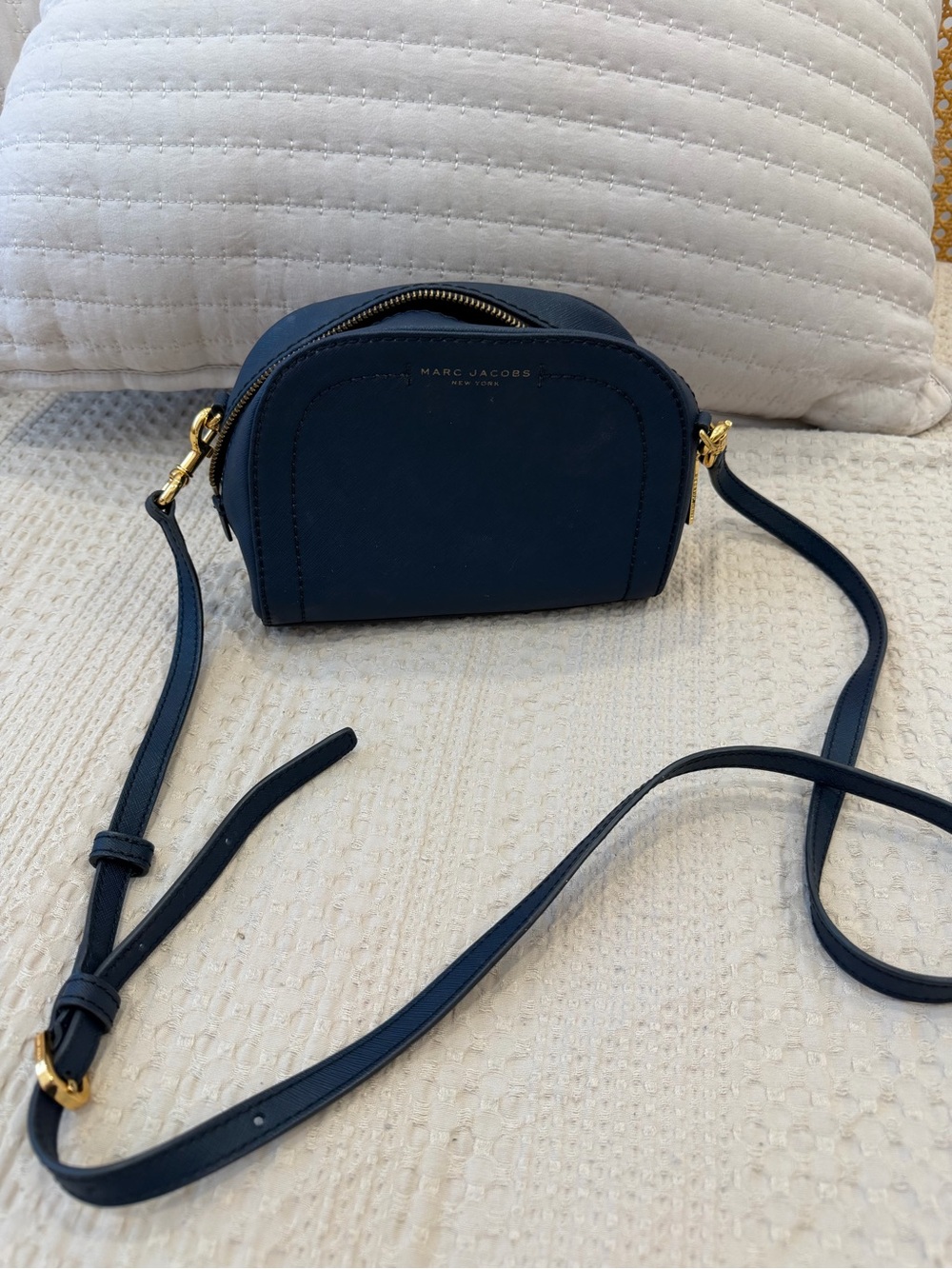 Marc Jacobs Navy Blue Leather Crossbody Camera Bag with Gold Hardware